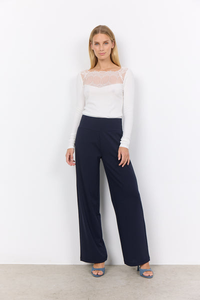 Soyaconcept High Waisted Wide Leg Trousers in Navy