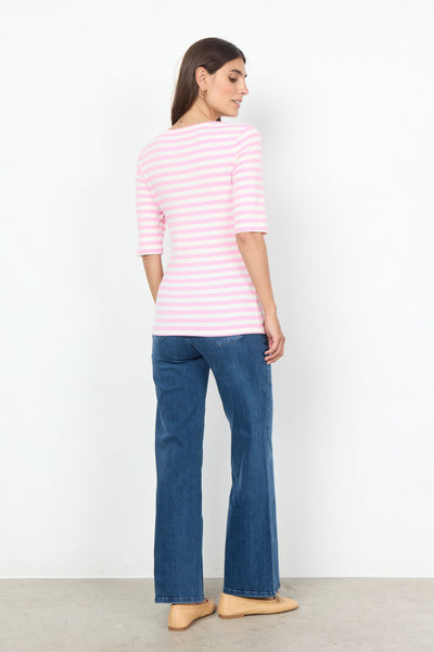 Soyaconcept Striped 2/4 Sleeve Ribbed Top in Pink