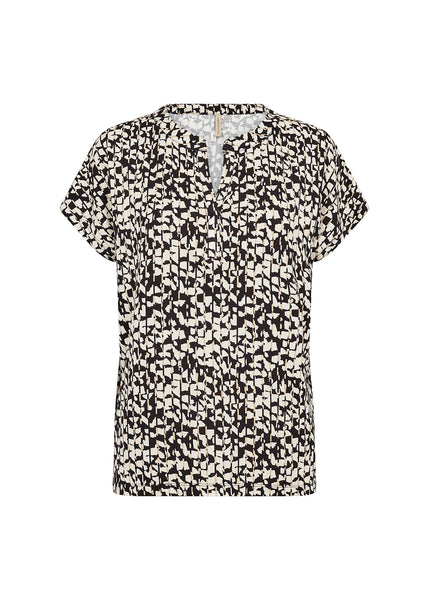 Soyaconcept Patterned Short Sleeve V-Neck Top in Black