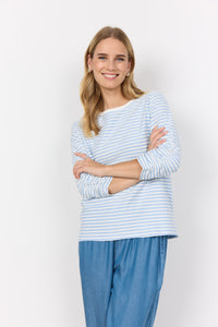 Soyaconcept Striped 3/4 Sleeve Ruched Top in Blue