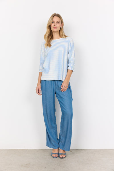 Soyaconcept Striped 3/4 Sleeve Ruched Top in Blue