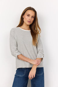 Soyaconcept Striped 3/4 Sleeve Ruched Top in Light Grey