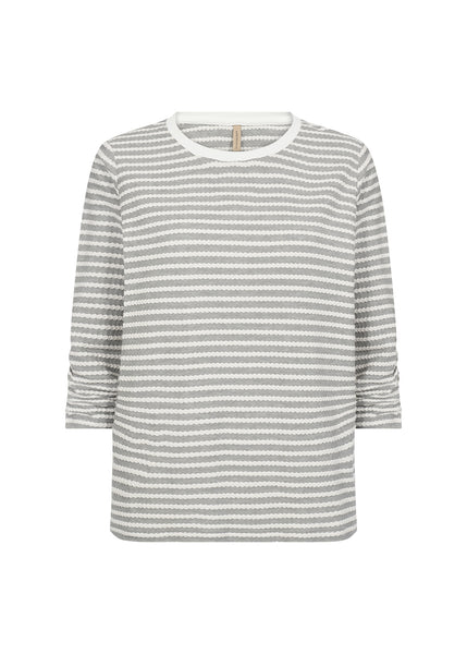 Soyaconcept Striped 3/4 Sleeve Ruched Top in Light Grey