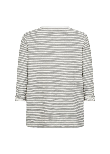 Soyaconcept Striped 3/4 Sleeve Ruched Top in Light Grey