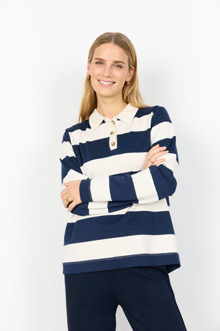 SOYACONCEPT Striped Long Sleeve Polo Top in Navy
