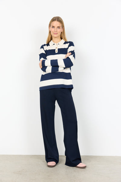 SOYACONCEPT Striped Long Sleeve Polo Top in Navy
