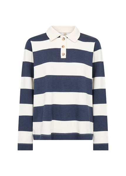SOYACONCEPT Striped Long Sleeve Polo Top in Navy