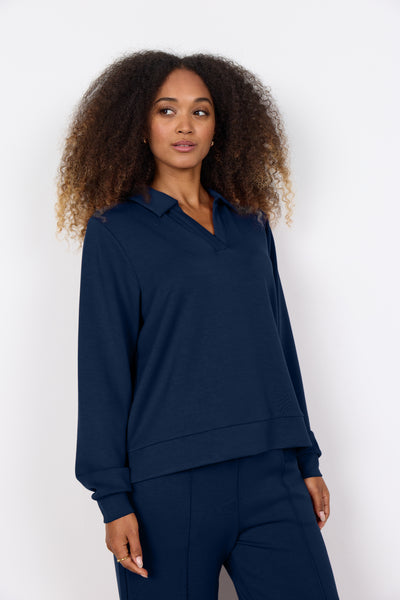 SOYACONCEPT V-Neck Sweatshirt With Collar in Navy