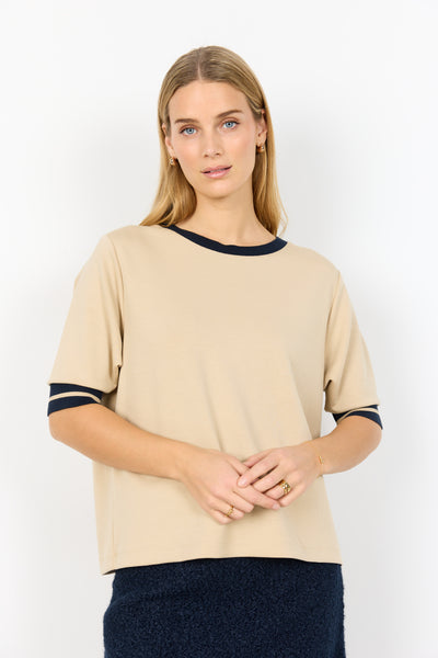 SOYACONCEPT Short Sleeve Top With Contrast Trim in Beige