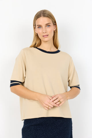 SOYACONCEPT Short Sleeve Top With Contrast Trim in Beige