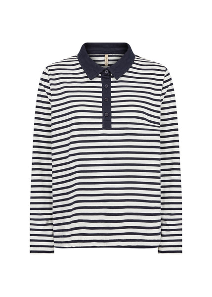 SOYACONCEPT Striped Long Sleeve Cotton Polo Top in Navy