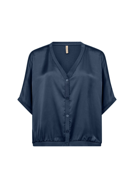 SOYACONCEPT Short Sleeve Satin Look Cardigan in Navy