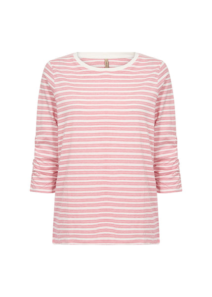 SOYACONCEPT Striped 3/4 Ruched Sleeve Top in Pink