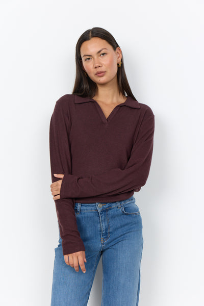 SOYACONCEPT Soft Knit V-Neck Collar Top in Chocolate