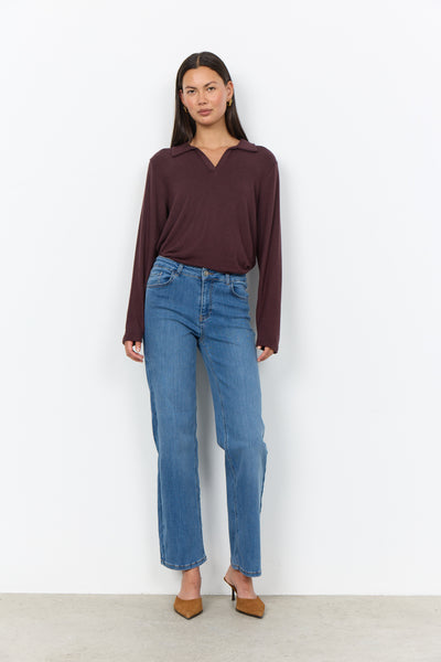 SOYACONCEPT Soft Knit V-Neck Collar Top in Chocolate