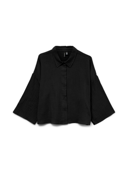 VERO MODA Cropped 3/4 Sleeve Cotton Shirt in Black