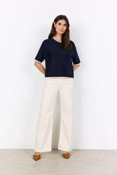 SOYACONCEPT Contrast Edge Short Sleeve Knit Top in Navy