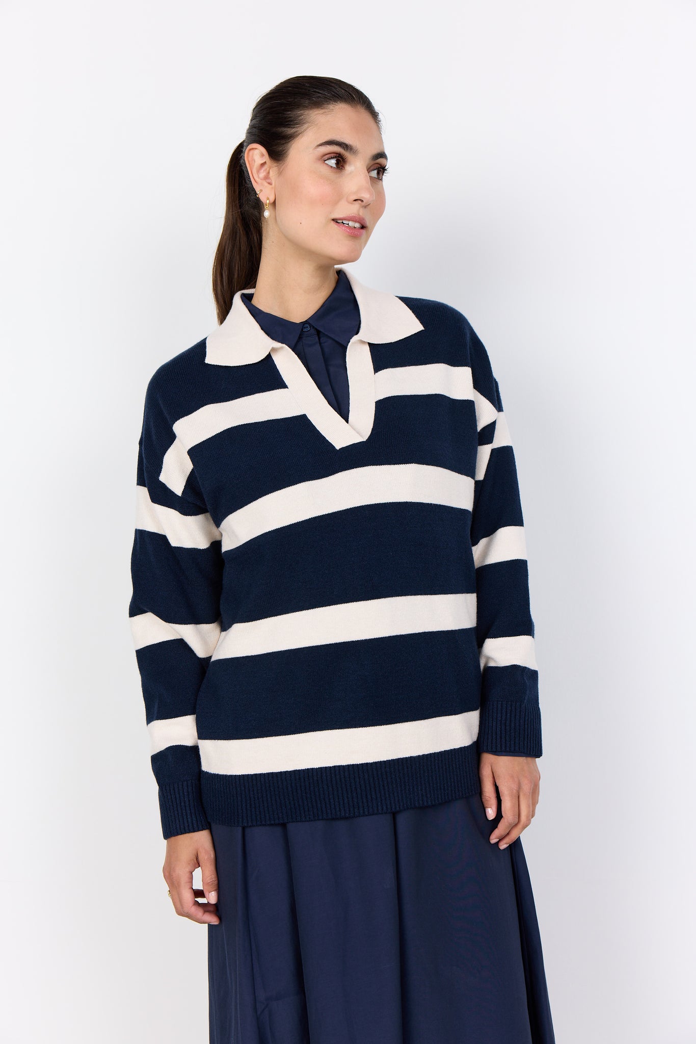 SOYACONCEPT Striped V-Neck Polo Top in Navy