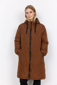 Soyaconcept Long Quilted Coat With Hood in Brown