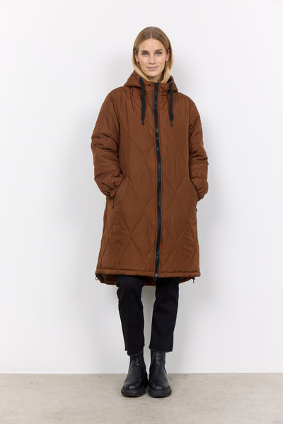 Soyaconcept Long Quilted Coat With Hood in Brown