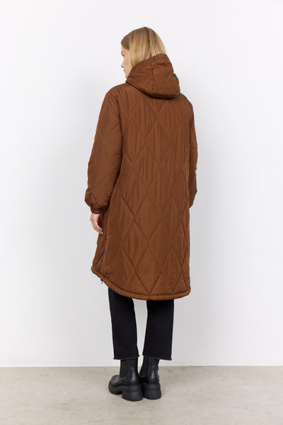 Soyaconcept Long Quilted Coat With Hood in Brown