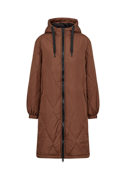 Soyaconcept Long Quilted Coat With Hood in Brown