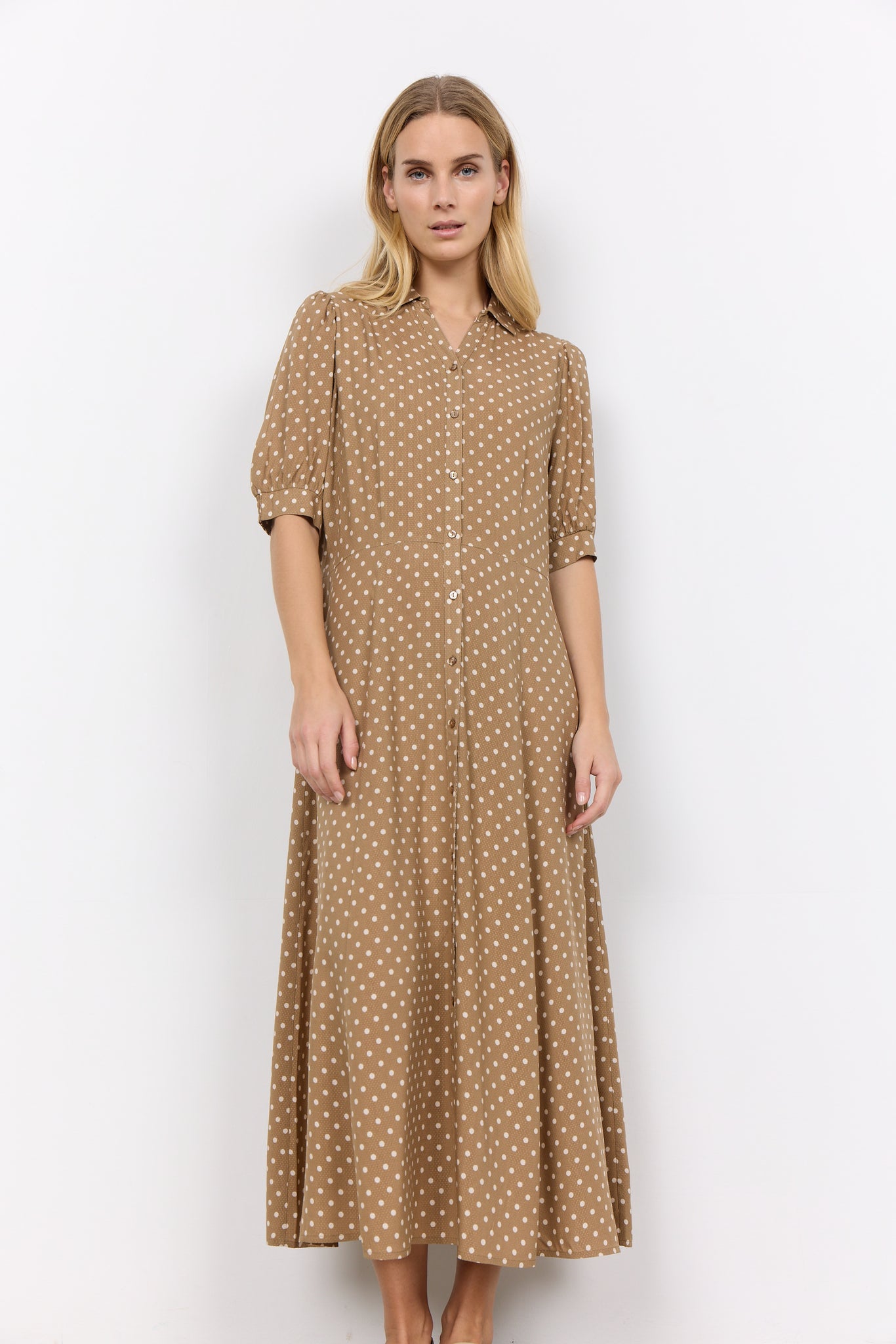 Soyaconcept Long Polka Dot Shirt Dress in Camel