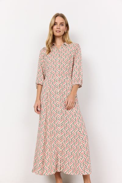 Soyaconcept Long Patterned 3/4 Length Sleeve Shirt Dress in Coral