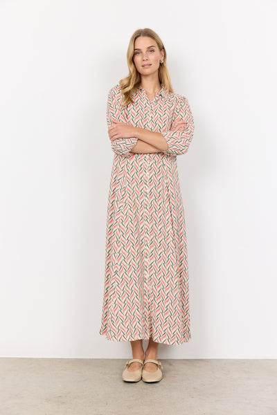 Soyaconcept Long Patterned 3/4 Length Sleeve Shirt Dress in Coral