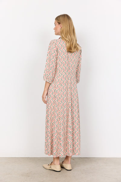 Soyaconcept Long Patterned 3/4 Length Sleeve Shirt Dress in Coral