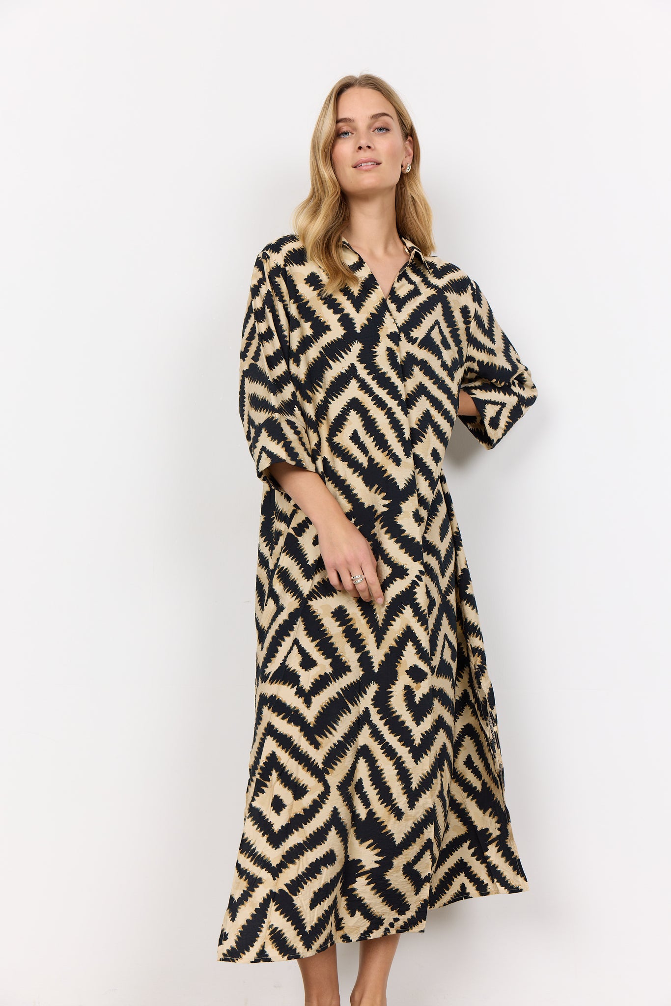 Soyaconcept Long Geometric Print Shirt Dress in Sand