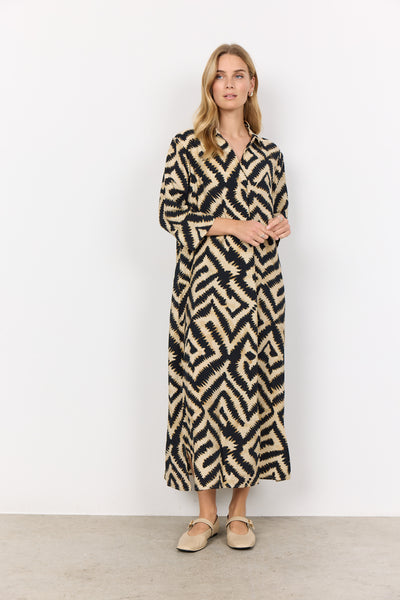 Soyaconcept Long Geometric Print Shirt Dress in Sand