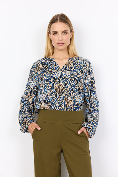 SOYACONCEPT Floral Long Sleeve V-Neck Top in Blue