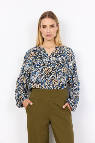 SOYACONCEPT Floral Long Sleeve V-Neck Top in Blue