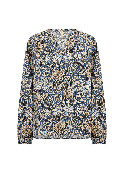 SOYACONCEPT Floral Long Sleeve V-Neck Top in Blue