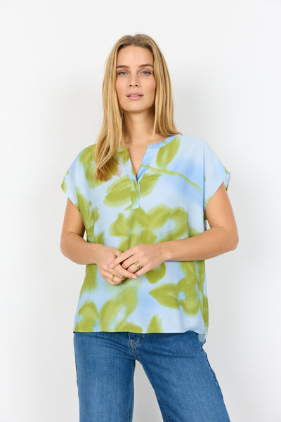 SOYACONCEPT Short Sleeve Floral V-Neck Top in Blue
