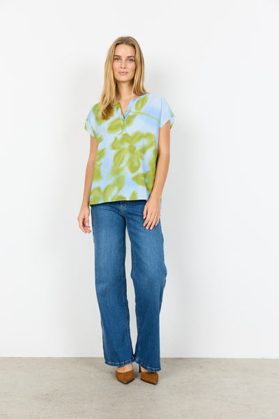 SOYACONCEPT Short Sleeve Floral V-Neck Top in Blue