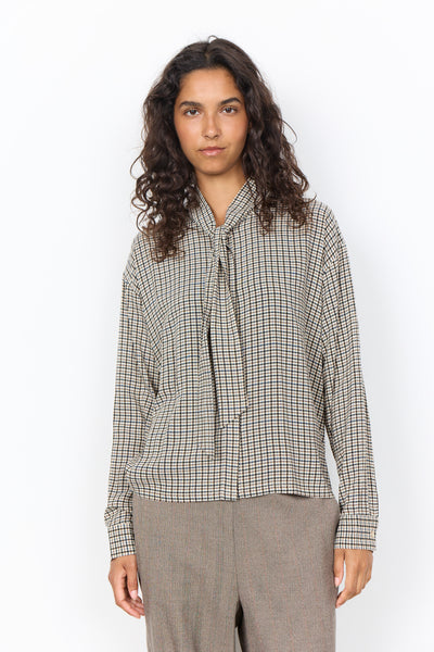 SOYACONCEPT Houndstooth Front Tie Shirt in Beige