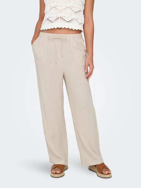 ONLY Linen Blend Wide Leg Trousers in Beige