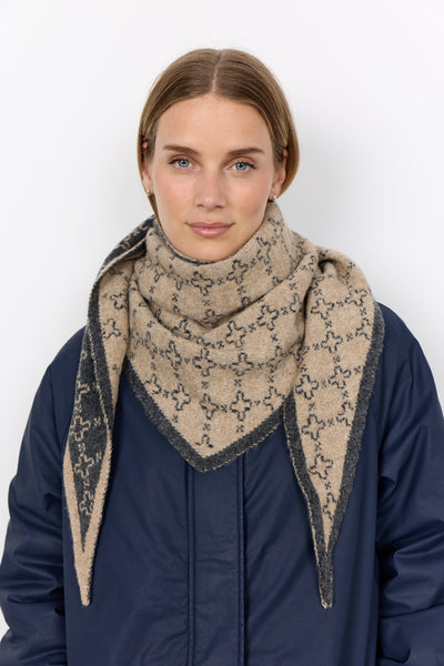 SOYACONCEPT Geometric Print Knit Scarf in Beige