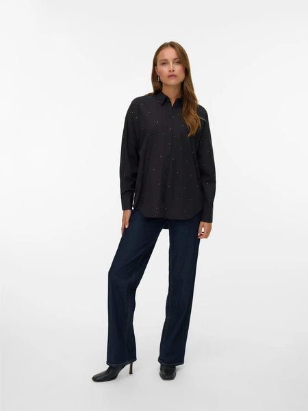 VERO MODA Oversized Rhinestone Detail Shirt in Black