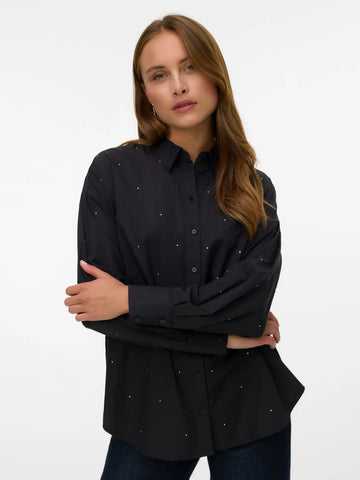 VERO MODA Oversized Rhinestone Detail Shirt in Black