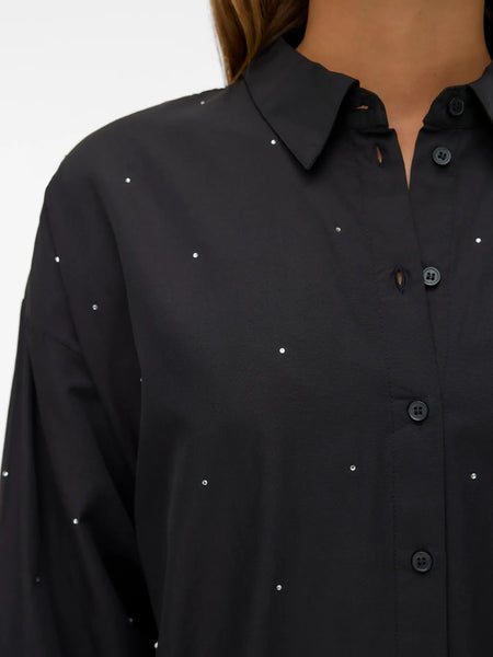 VERO MODA Oversized Rhinestone Detail Shirt in Black
