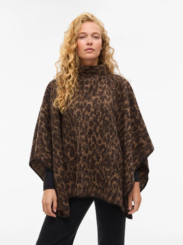 VILA Knitted Leopard Print Poncho in Brown