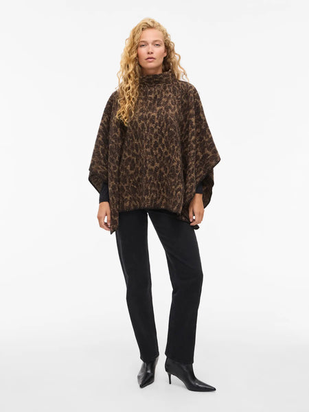 VILA Knitted Leopard Print Poncho in Brown