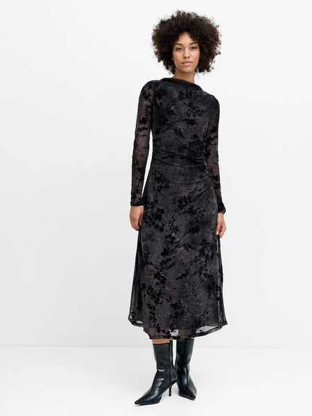 French Connection Kenny Floral Velvet Devore Mesh Midi Dress in Black