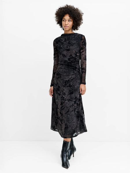 French Connection Kenny Floral Velvet Devore Mesh Midi Dress in Black