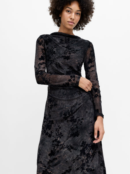 French Connection Kenny Floral Velvet Devore Mesh Midi Dress in Black