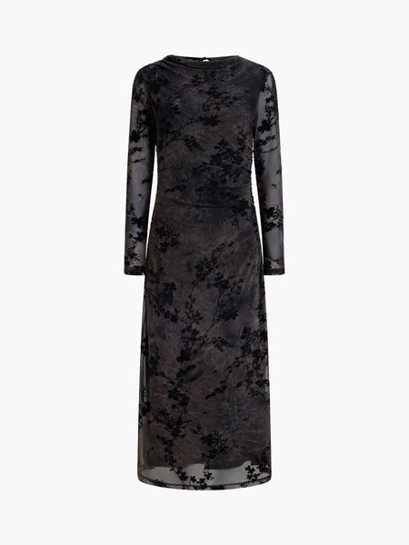 French Connection Kenny Floral Velvet Devore Mesh Midi Dress in Black