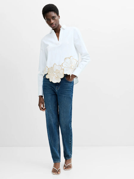 French Connection Cotton Floral Embroidered Hem Popover Shirt in White